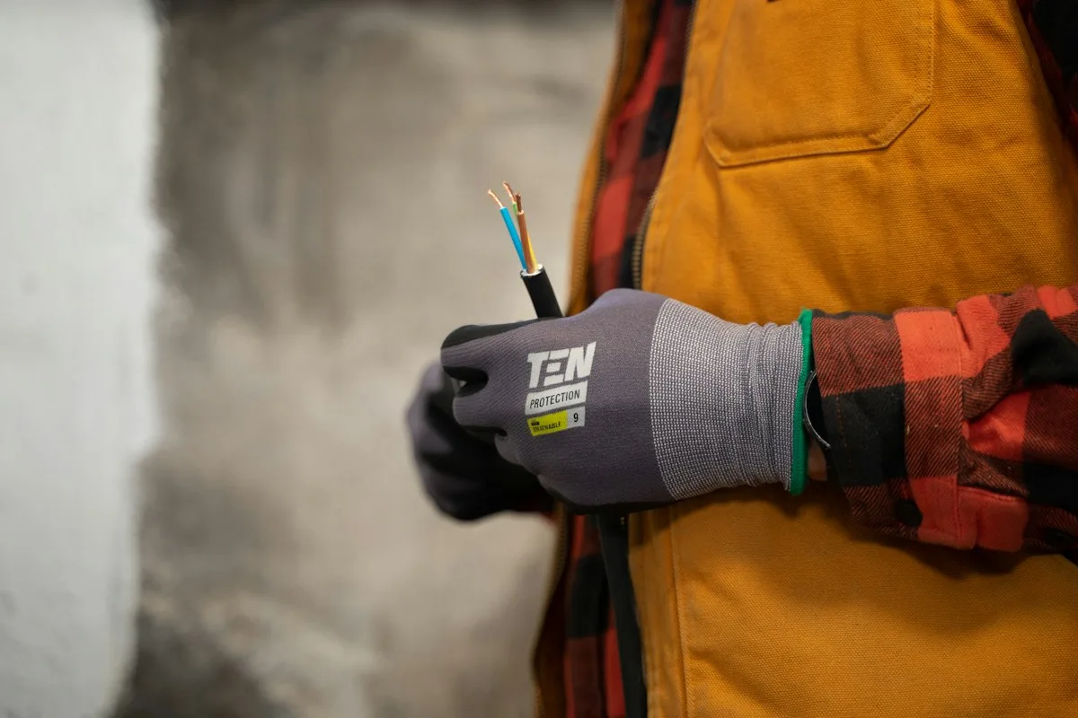 Electrician holding wiring with protective work gloves