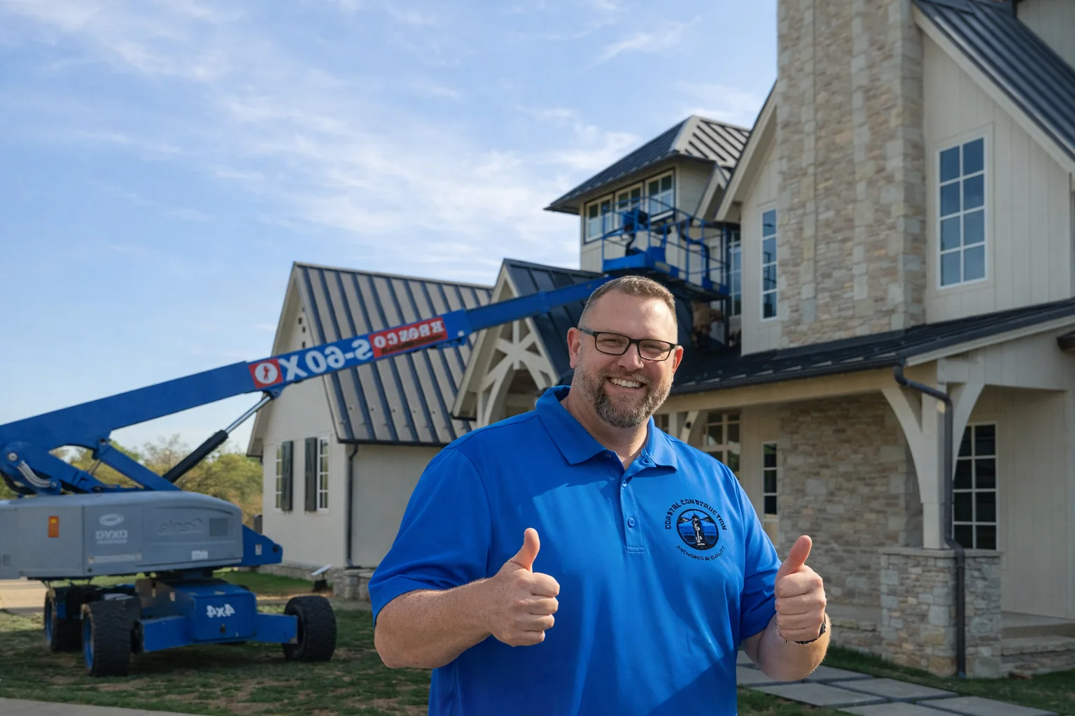 A team member in a Coastal blue shirt outside a stone home