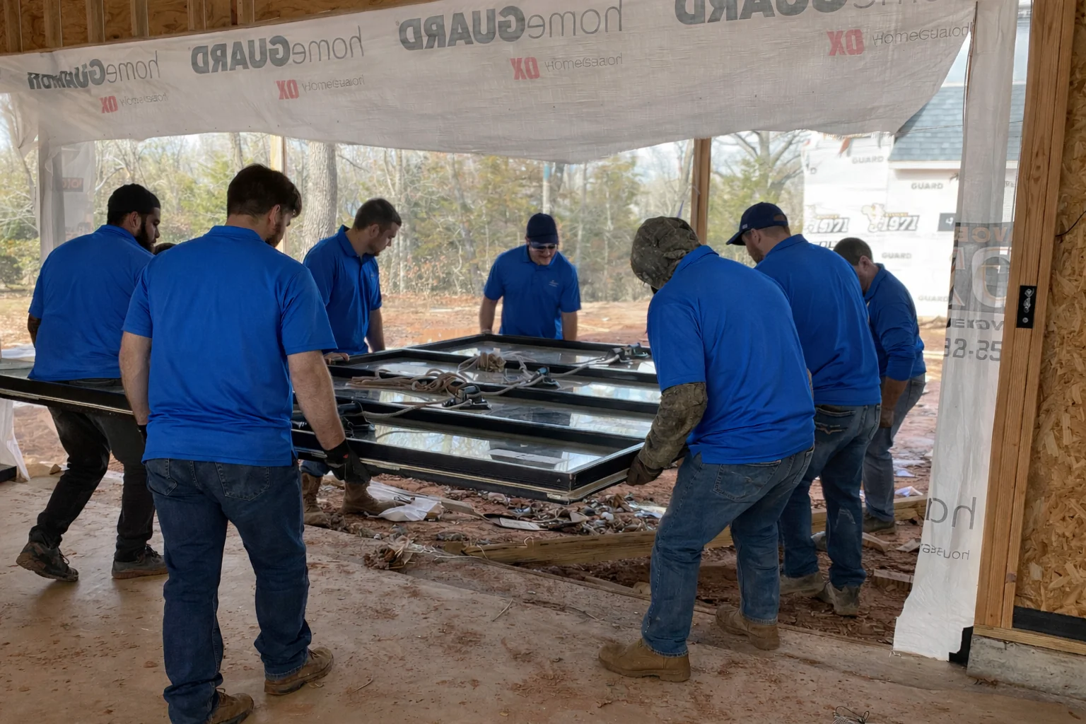 A crew in blue shirts lifting a large window assembly in a framed home